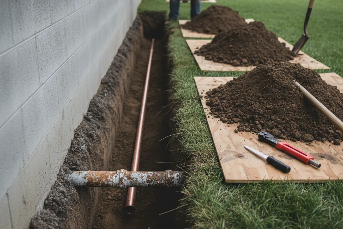 Excavated water line trench during Water Heater Repair in Bell Gardens